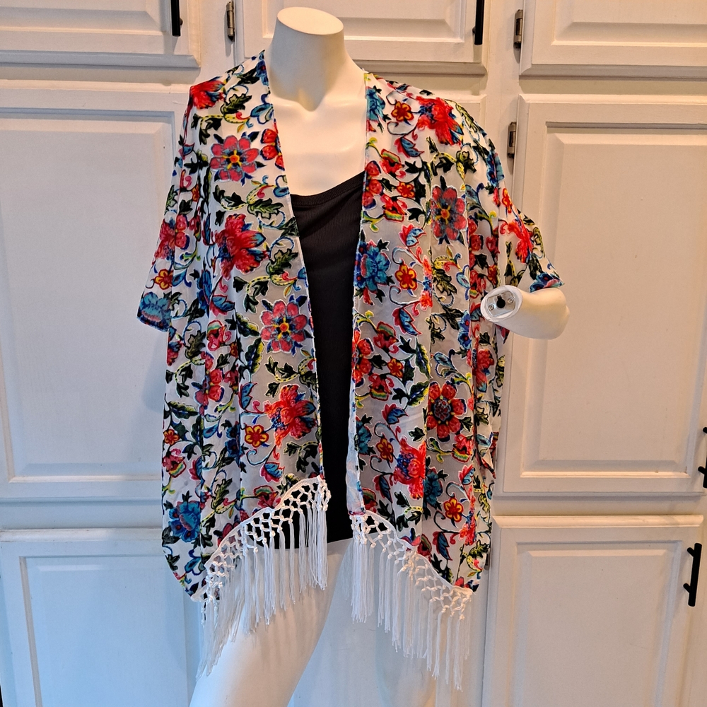 MJ Sereca Floral Kimono Cardigan with Fringe